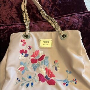 Nicole Lee Tan Bag with Colorful Floral Embroidery